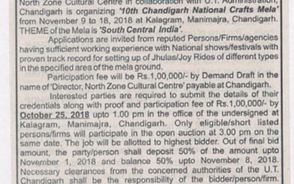 Auction Notice – Jhullas/Joy Rides – 10th Chandigarh National Crafts Mela at Kalagram, Chandigarh from November 9 to 18, 2018